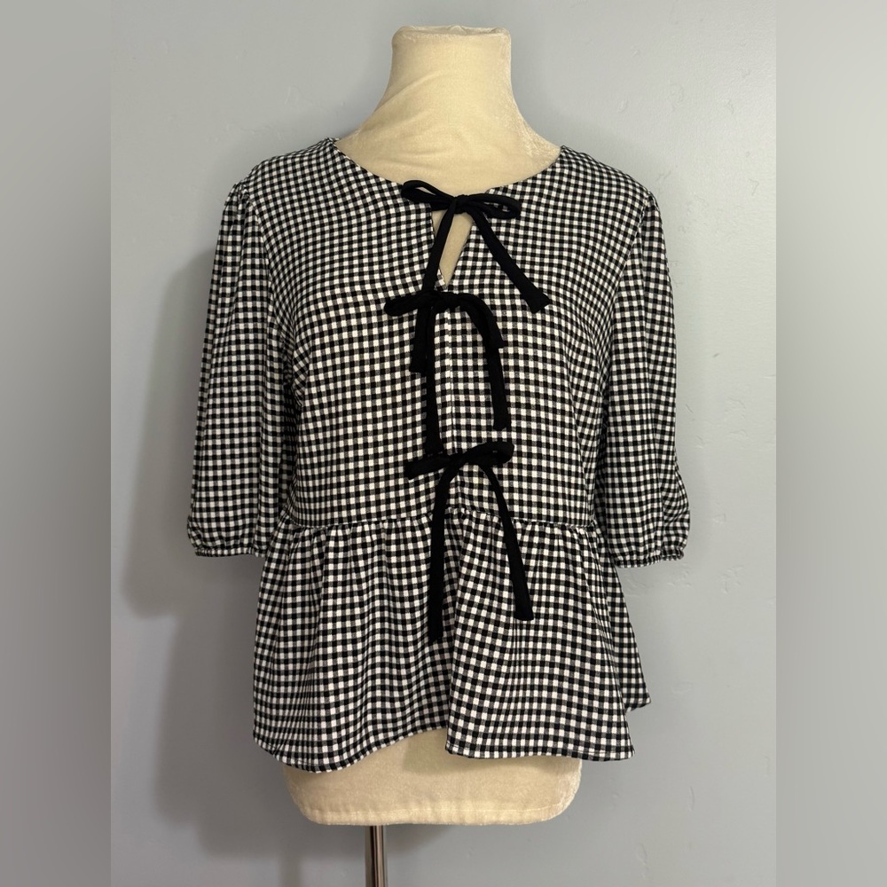 Monteau Black and White Checkered Bow Blouse
